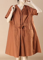 Beautiful Caramel V Neck Pockets Patchwork Cotton Dress Summer