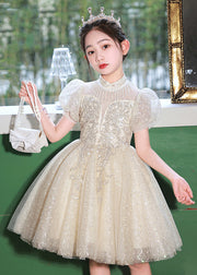 Beautiful Champagne Stand Collar Sequins Tulle Kids Mid Dresses Summer