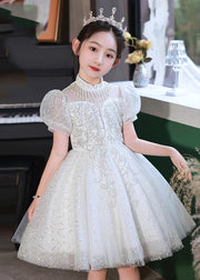Beautiful Champagne Stand Collar Sequins Tulle Kids Mid Dresses Summer