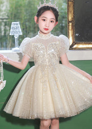 Beautiful Champagne Stand Collar Sequins Tulle Kids Mid Dresses Summer