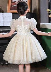 Beautiful Champagne Stand Collar Sequins Tulle Kids Mid Dresses Summer