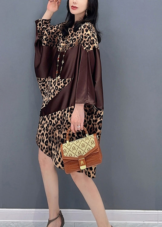 Beautiful Chocolate O-Neck Leopard Print Maxi Dresses Spring