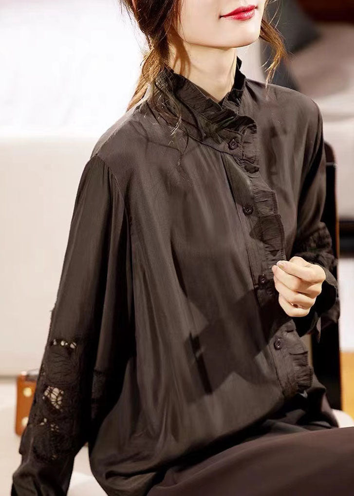 Beautiful Chocolate Ruffled Hollow Out Chiffon Shirt Long Sleeve