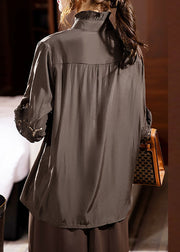 Beautiful Chocolate Ruffled Hollow Out Chiffon Shirt Long Sleeve