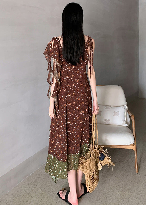 Beautiful Chocolate Ruffled Patchwork Print Chiffon Long Dresses Sleeveless