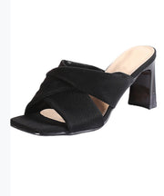 Beautiful Chunky Heel Black Slide Sandals Peep Toe