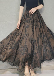 Beautiful Chocolate Embroideried Floral High Waist Flatering Tulle Maxi Skirt Spring