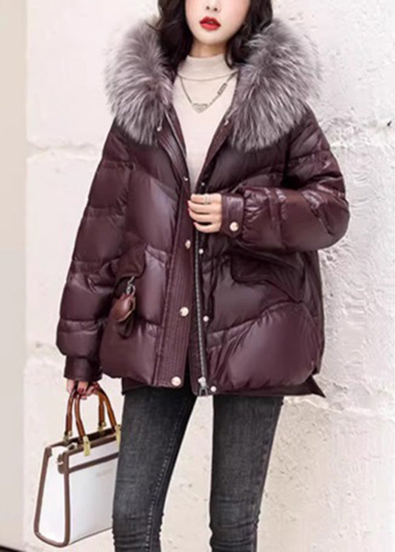 Beautiful Coffee Fox Collar Zippered Duck Down Jackets Long Sleeve