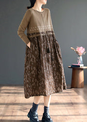 Beautiful Coffee O Neck Print Patchwork Knitting Dress Fall