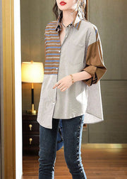 Beautiful Coffee Peter Pan Collar Patchwork Striped Cotton Shirts Spring