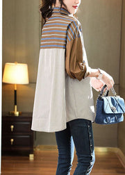 Beautiful Coffee Peter Pan Collar Patchwork Striped Cotton Shirts Spring