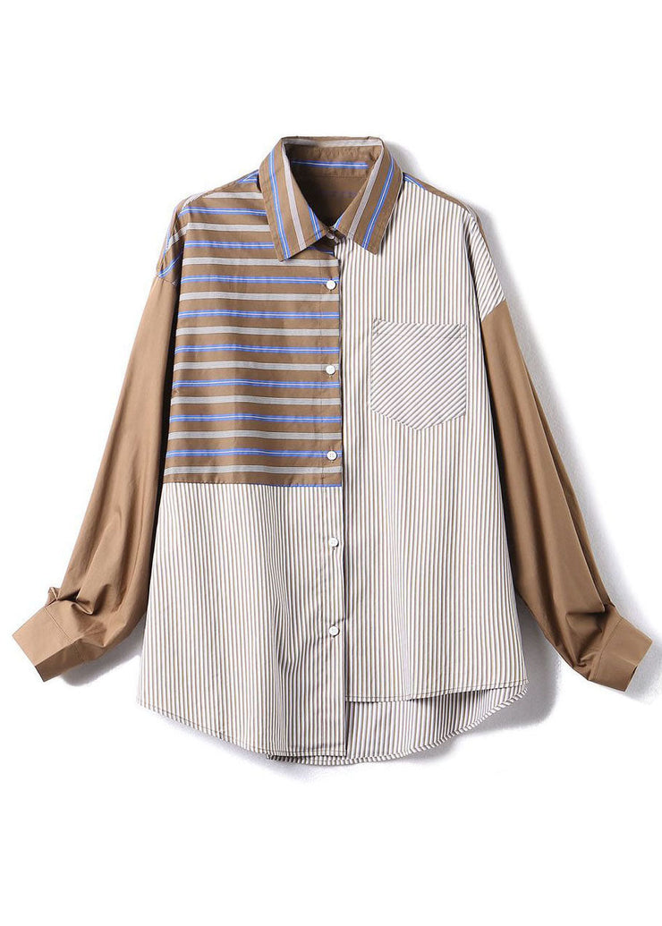 Beautiful Coffee Peter Pan Collar Patchwork Striped Cotton Shirts Spring