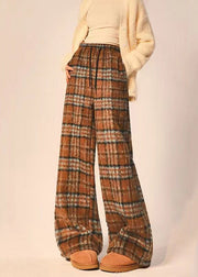 Beautiful Coffee Plaid Pockets Elastic Waist Woolen Wide Leg Pants Spring