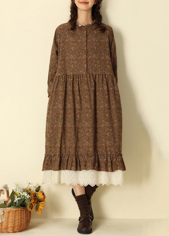 Beautiful Coffee Ruffled Print Cotton Long Dresses Spring