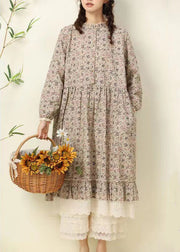 Beautiful Coffee Ruffled Print Pockets Patchwork Cotton Long Dresses Fall