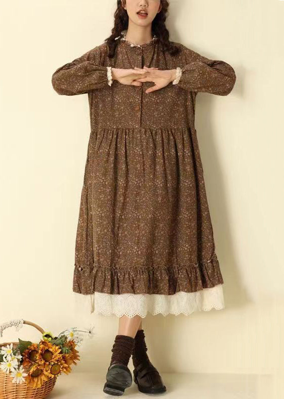 Beautiful Coffee Ruffled Print Pockets Patchwork Cotton Long Dresses Fall