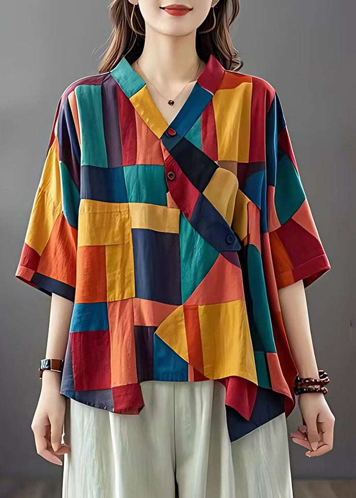 Beautiful Colorblock Asymmetrical Patchwork Applique Linen Top Summer