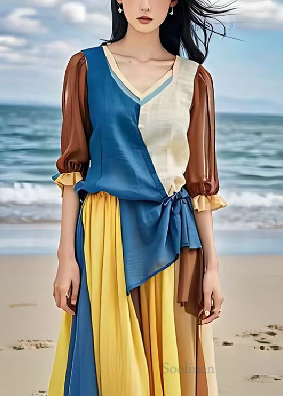 Beautiful Colorblock Asymmetrical Patchwork Linen Cinched Dress Summer