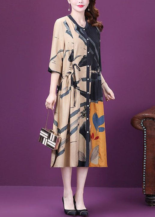 Beautiful Colorblock Drawstring Side Open Print Silk Dresses Summer