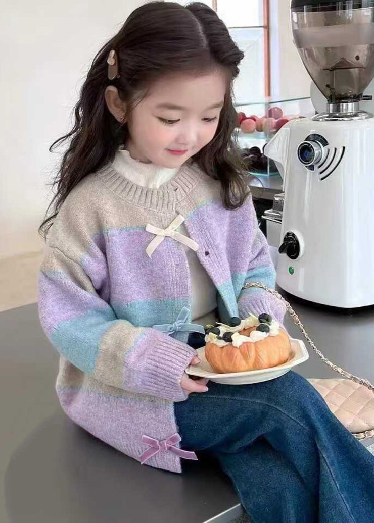 Beautiful Colorblock O-Neck Button Cotton Knit Girls Cardigan Winter