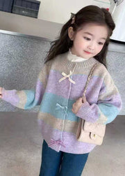 Beautiful Colorblock O-Neck Button Cotton Knit Girls Cardigan Winter