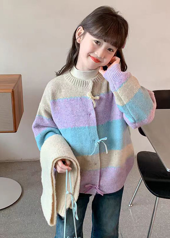 Beautiful Colorblock O-Neck Button Cotton Knit Girls Cardigan Winter