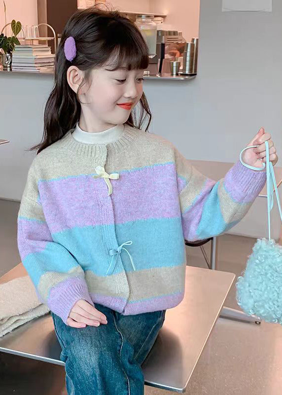 Beautiful Colorblock O-Neck Button Cotton Knit Girls Cardigan Winter