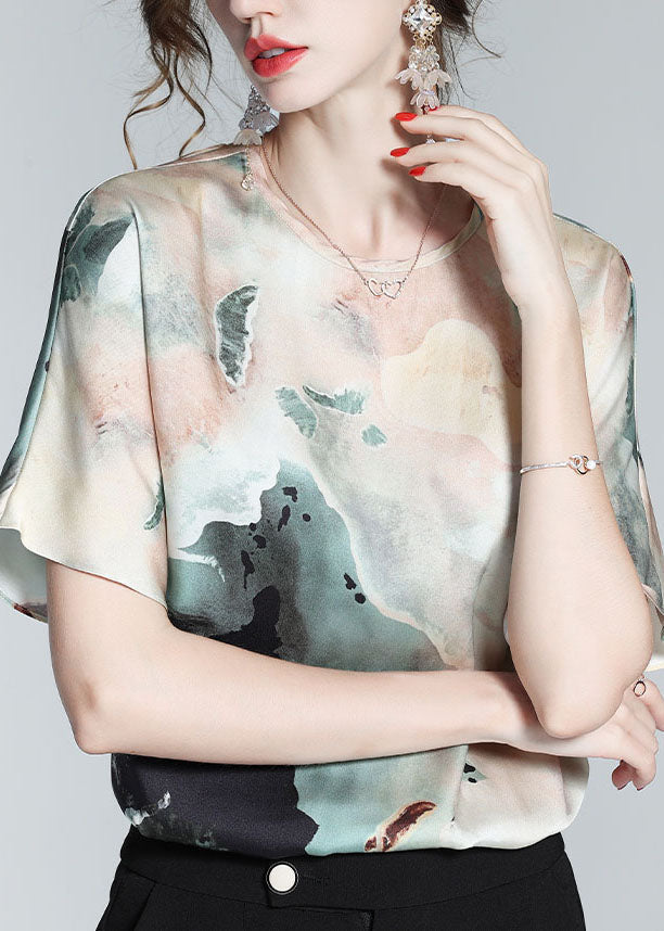 Beautiful Colorblock O Neck Print Silk T Shirt Top Summer