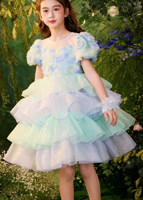 Beautiful Colorblock O-Neck Tulle Patchwork Girls Mid Dress Summer