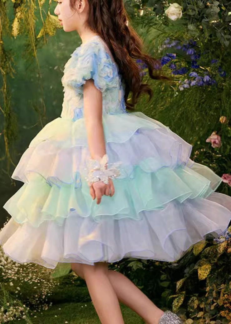 Beautiful Colorblock O-Neck Tulle Patchwork Girls Mid Dress Summer