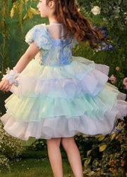 Beautiful Colorblock O-Neck Tulle Patchwork Girls Mid Dress Summer
