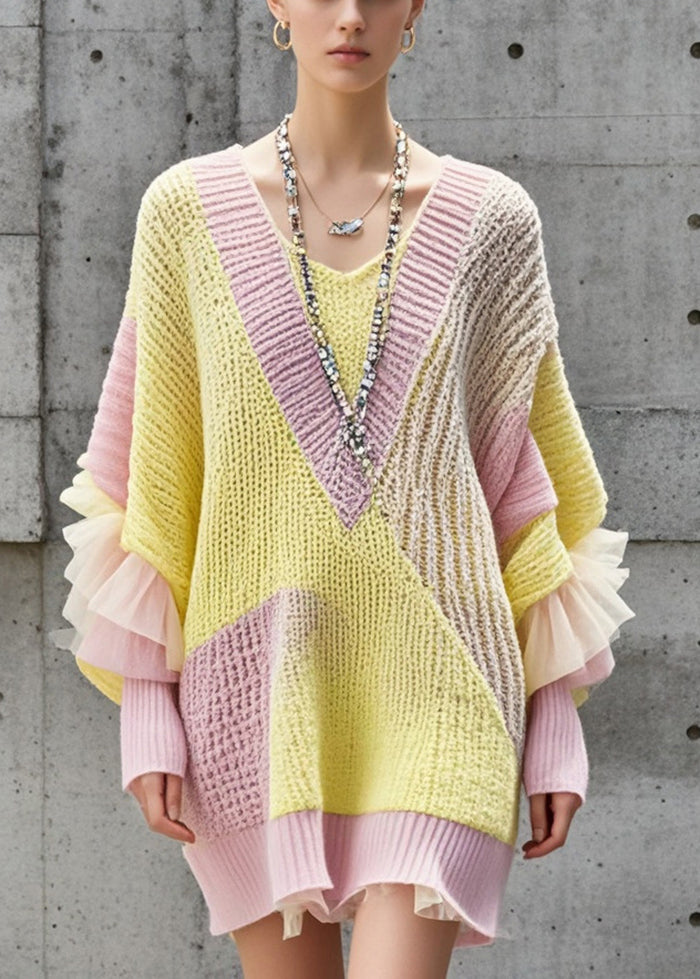 Beautiful Colorblock Oversized Patchwork Long Sweater Batwing Sleeve