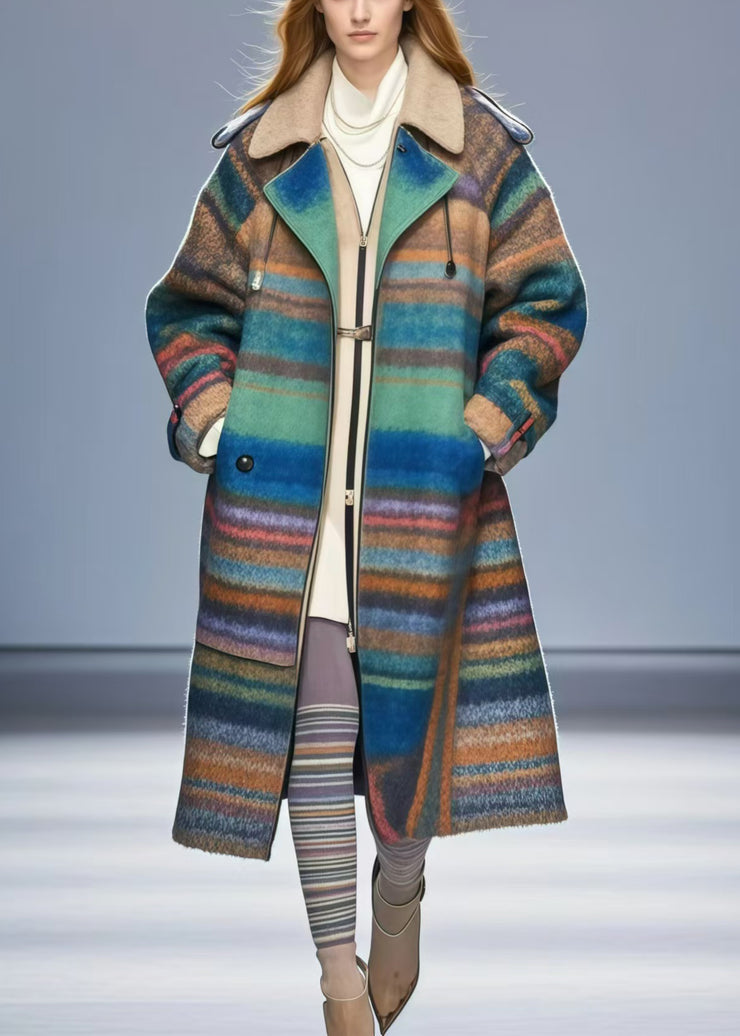 Beautiful Colorblock Oversized Striped Woolen Coats Fall