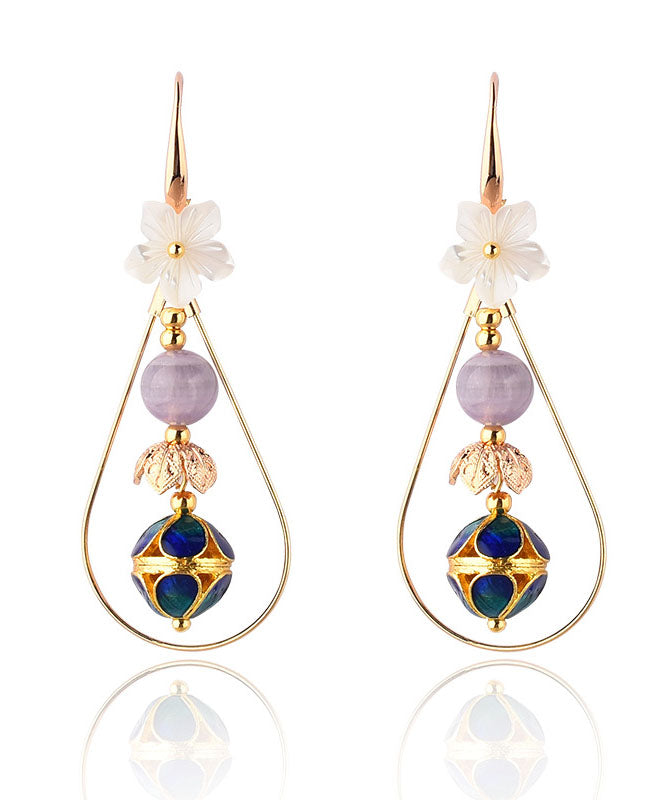 Beautiful Colorblock Shellfish Flower 14K Gold Drop Earrings