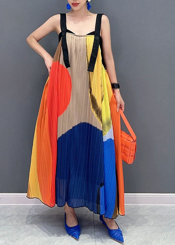 Beautiful Colorblock Slash Neck Wrinkled Maxi Dress Sleeveless