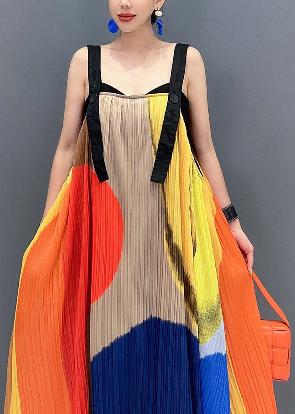 Beautiful Colorblock Slash Neck Wrinkled Maxi Dress Sleeveless