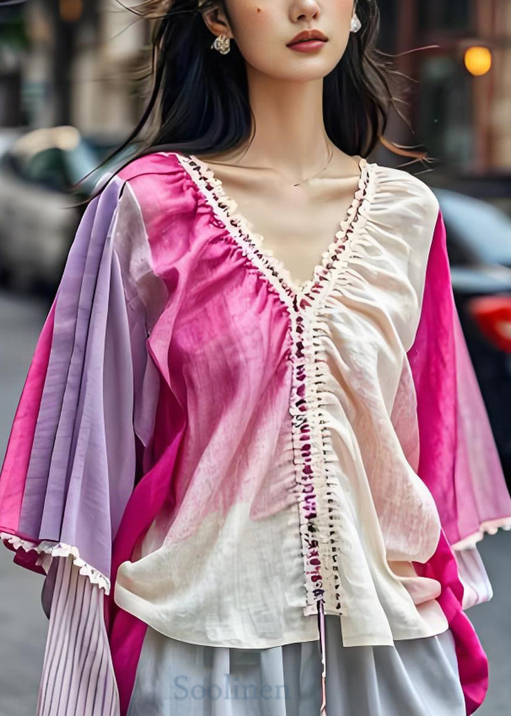 Beautiful Colorblock V Neck Patchwork Cotton Tops Summer