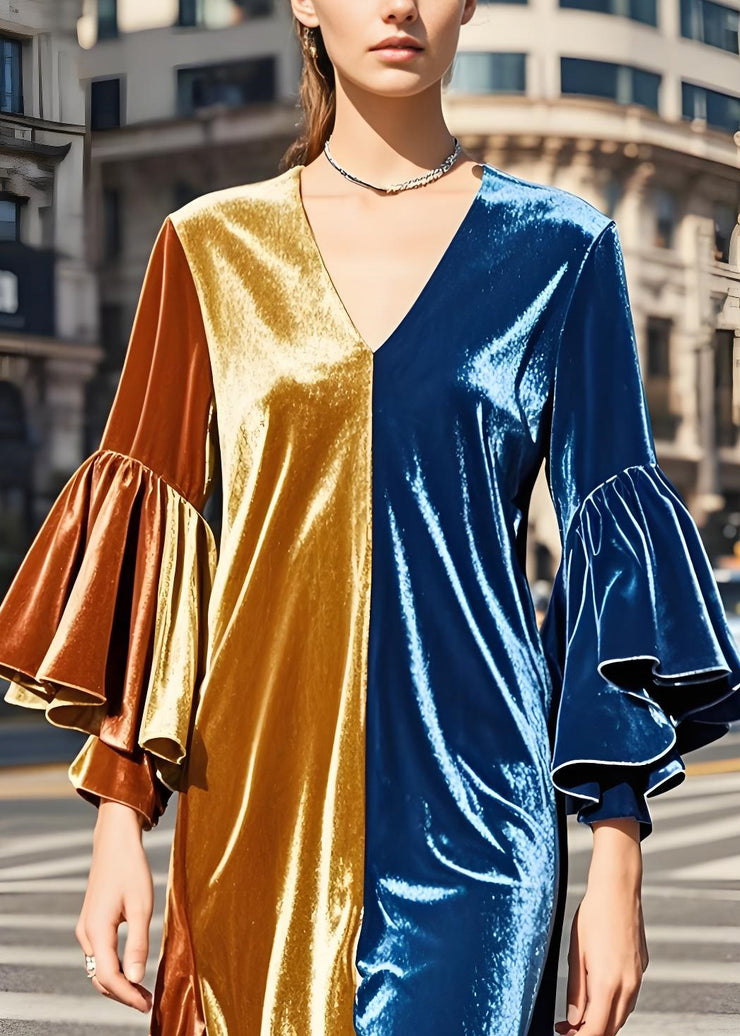 Beautiful Colorblock V Neck Patchwork Velvet Long Dresses Butterfly Sleeve