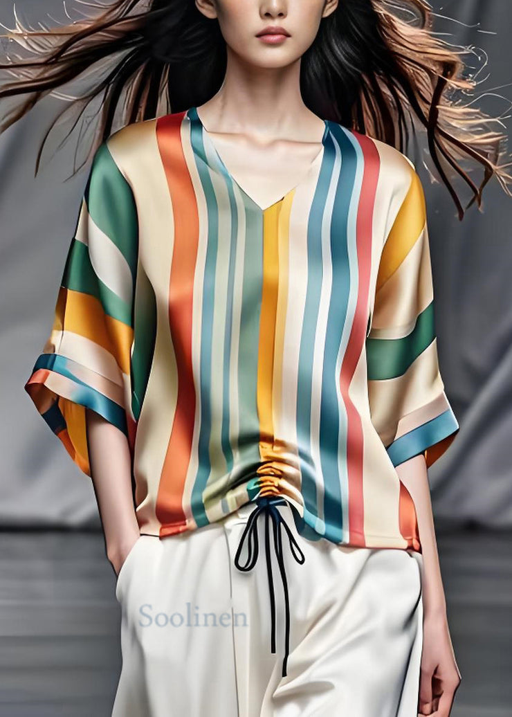 Beautiful Colorblock V Neck Striped Cinched Silk Top Summer