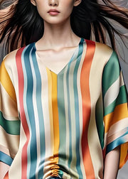 Beautiful Colorblock V Neck Striped Cinched Silk Top Summer