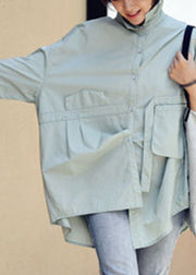 Beautiful Cyan Green Colour Peter Pan Collar Button Pockets Cotton Shirt Long Sleeve