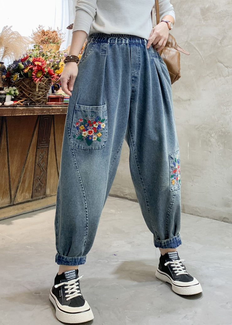 Beautiful Denim Blue Floral Embroideried Elastic Waist Pockets Cotton Harem Pants Summer