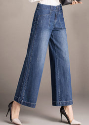 Beautiful Denim Blue High Waist Pockets Draping Cotton Straight Pants Summer