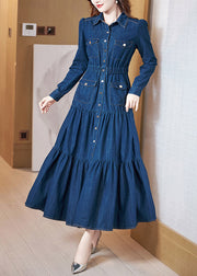 Beautiful Denim Blue Peter Pan Collar Patchwork Wrinkled Tunic Button Cotton Maxi Dresses Long Sleeve