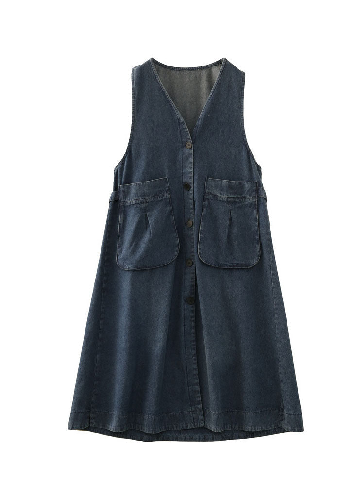 Beautiful Denim Blue V Neck Patchwork Pockets Cotton A Line Dress Sleeveless