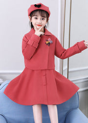 Beautiful Dousha Red Peter Pan Collar Coats And Dress Cotton Kids Two Pieces Set Long Sleeve