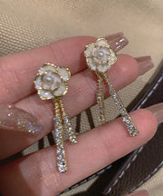 Beautiful Gold Alloy Zircon Pearl Floral Tassel Drop Earrings