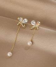 Beautiful Gold Copper Overgild Asymmetrical Pearl Butterfly Tassel Drop Earrings