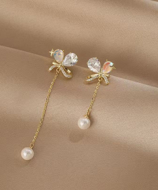 Beautiful Gold Copper Overgild Asymmetrical Pearl Butterfly Tassel Drop Earrings