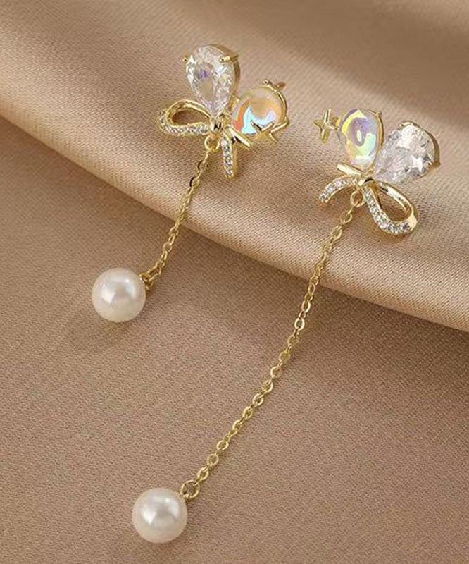 Beautiful Gold Copper Overgild Asymmetrical Pearl Butterfly Tassel Drop Earrings